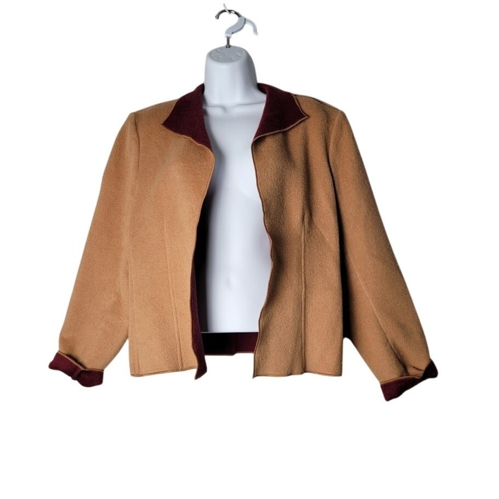 Harve‎ Benard Wool Blend Jacket Camel Burgundy Collar Size 12 Equestrian Classic